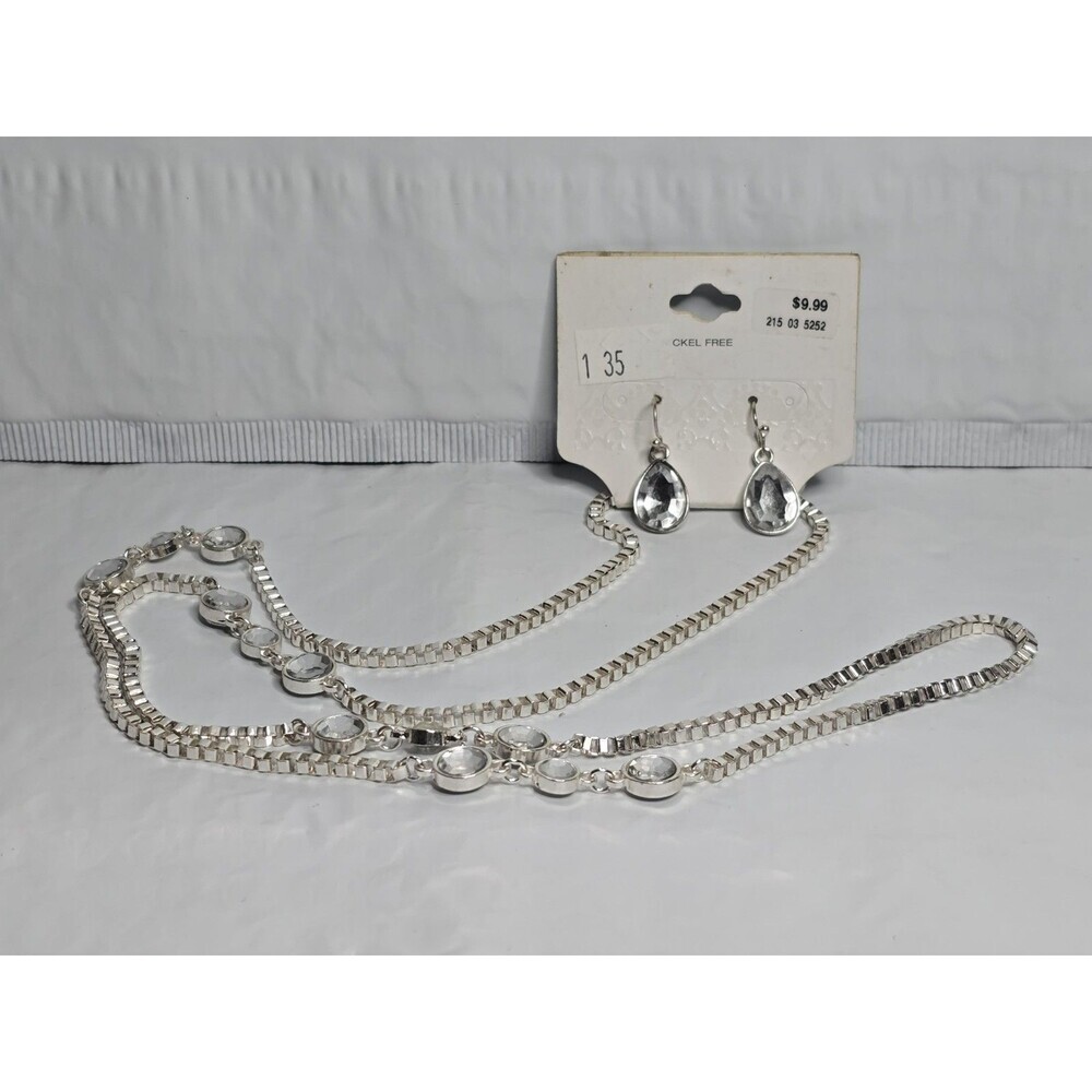 Target Brand Necklace & Earrings Set Silver Toned & Clear Gemstones Nickel Free